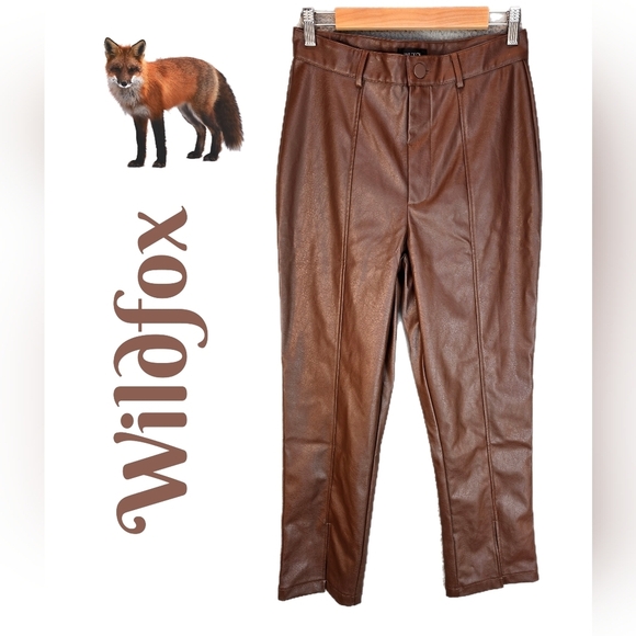 Wildfox Womens Faux Leather Pants Sz M Dark Brown High Waist Front Ankle Slit - Picture 1 of 13